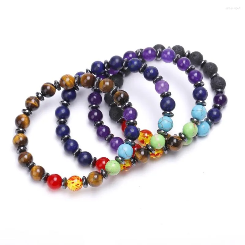 Strang 7 Chakra Naturstein Armbänder Für Frauen Männer Energie Hämatit Schwarz Lava Tigerauge Lila Kristall Armband Meditation Yoga