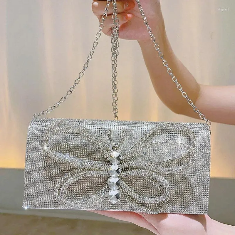 Evening Bags Rhinestone Bow Dinner Party Clutch Bag For Women Shining Crossbody Small Flap Envelope Purse Silver B607