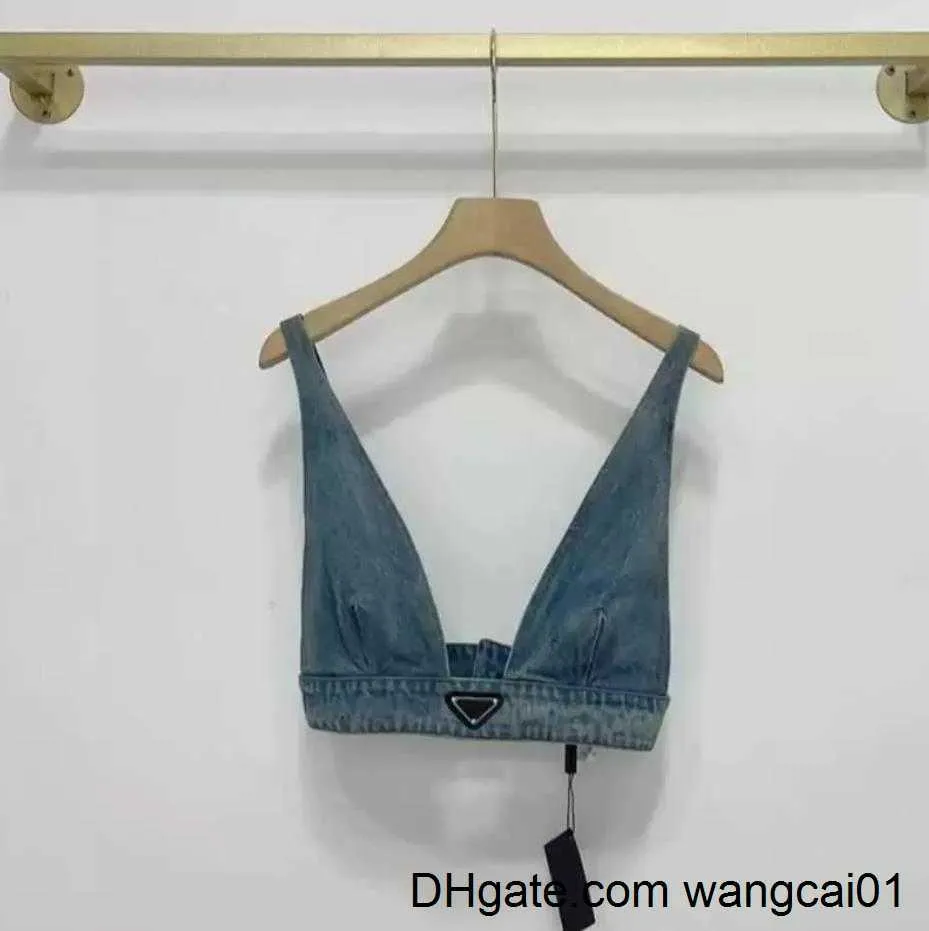 Women's T-Shirt Womens Designers T Shirts Underwear With Metal Triang Badge Sexy Deep V Denim Sling Tube Tops Women Clothing 410&3