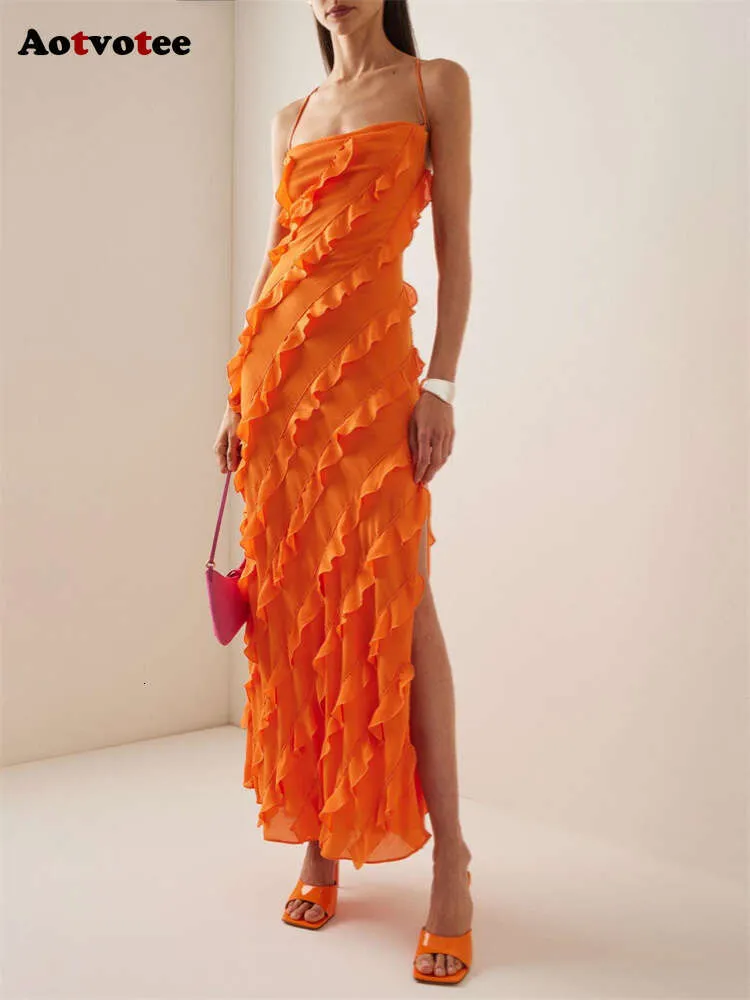 Ätbart trädsvamp för kvinnor Summer Spaghetti Strap Split Elegant Bandage Sleeveless Solid Maxi Dress