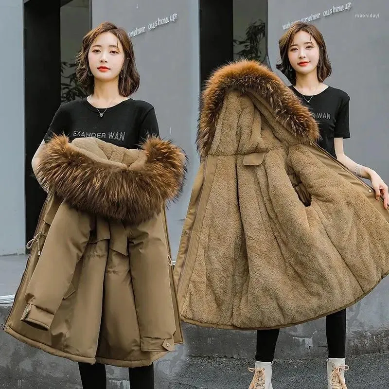 Kadın Trençkotları Polar Kalın Pamuk Giyim Büyük Kürk Yaka 2023 Kış Ceketleri Moda Parka Parka Drawstring İnce Bel Ekleme Güz