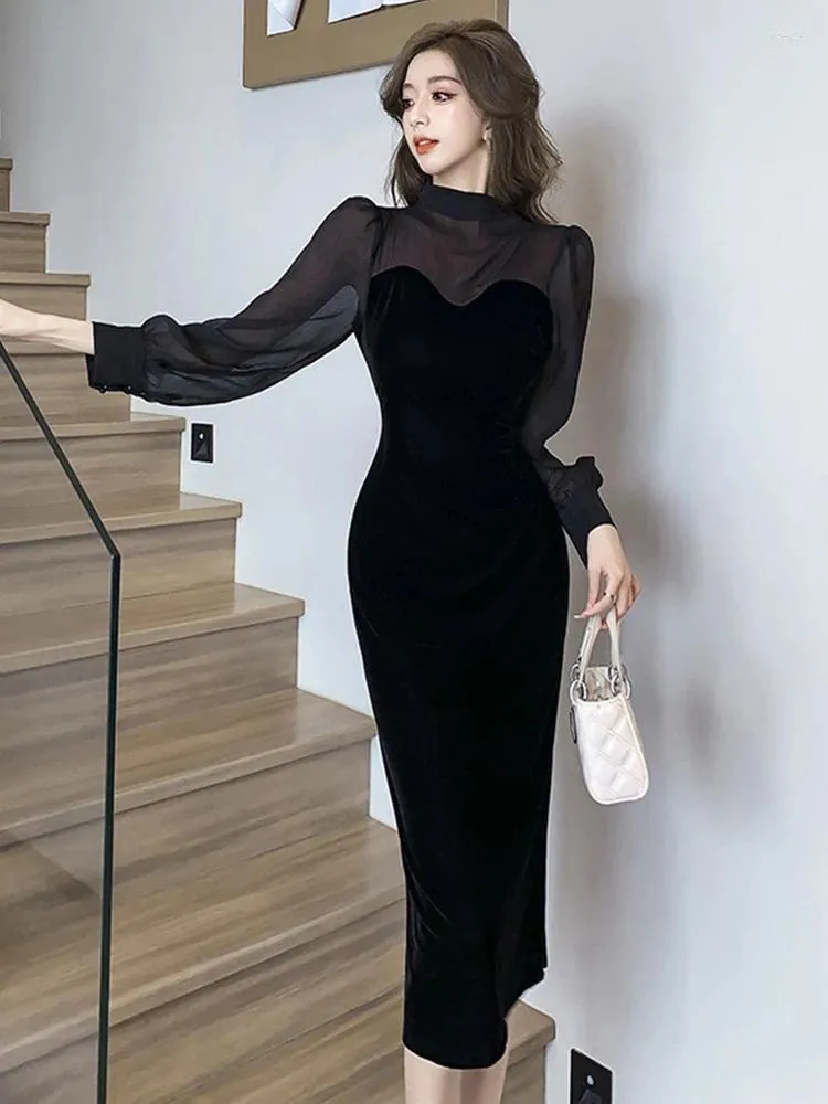 Casual Kleider Mode Damen Schwarz Samt Splic Mesh Lange Kleid Frauen Elegante Vintage Hülse Slim Midi Robe Femme Mujer Vestidos straße C