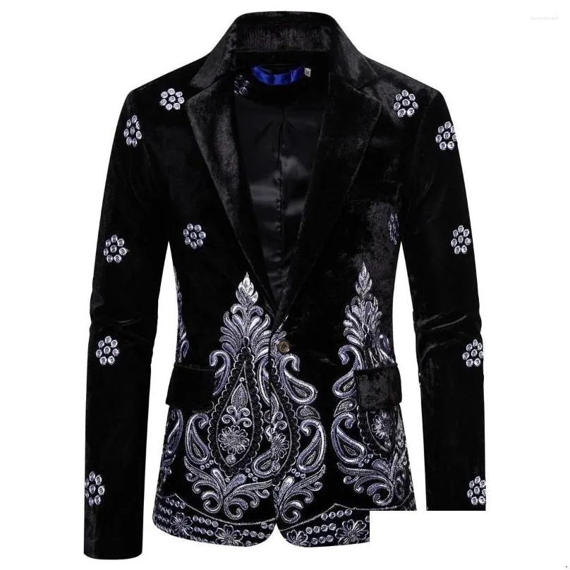 Costumes pour hommes Blazers Hommes élégant noir style punk Veet broderie hommes slim fit mariage blazer costume veste scène chanteur costume hom dhjte