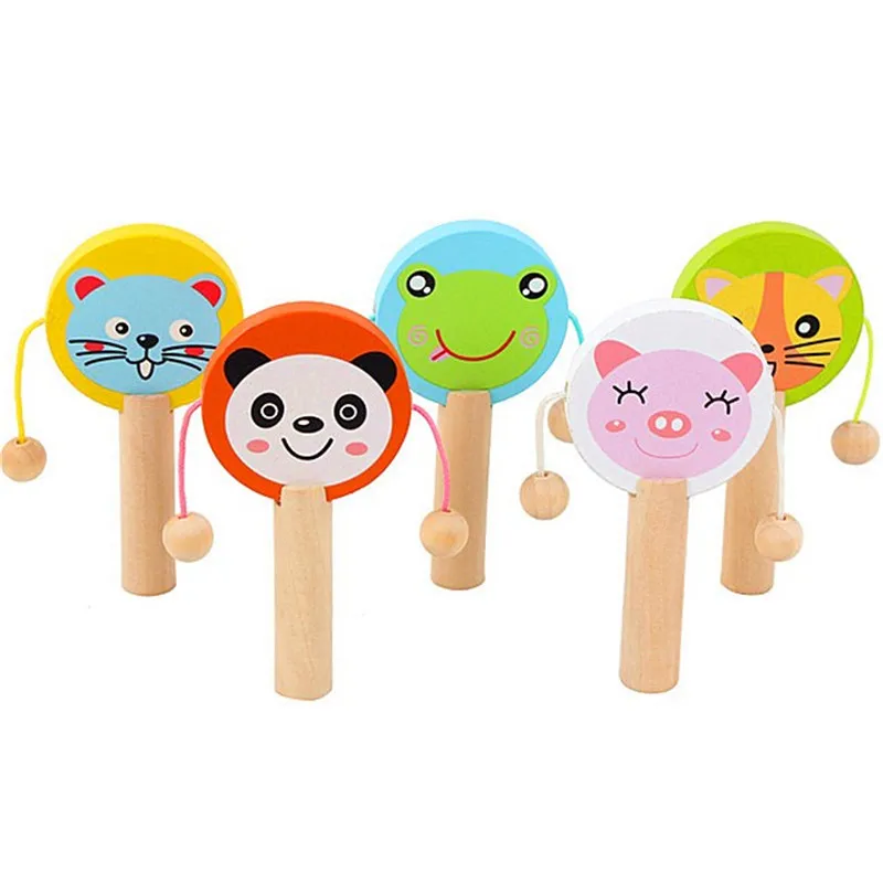 Crianças desenho animado de madeira tambor de batalha bate -papo bate -papo castanets para bebês instrumentos musicais pré -escolar Toys educacionais precoces