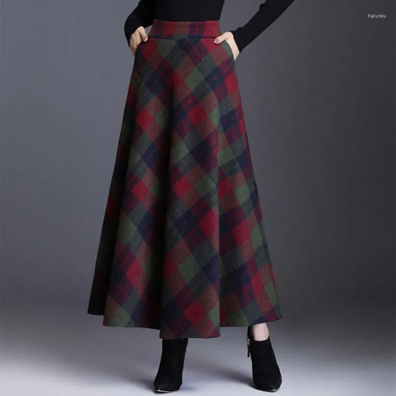 Rokken vintage plaid lange rok voor vrouwen streetwear elastische hoge taille zak Britse stijl wollen a-line tartan paraplu