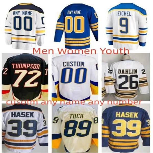 Maillot de hockey rétro inversé Tage Thompson pour hommes et femmes, Rasmus Dahlin Devon Levi Dylan Cozens Power Kyle Okposo Alex Tuch Tyson Jost Johnson, maillots pour femmes et enfants