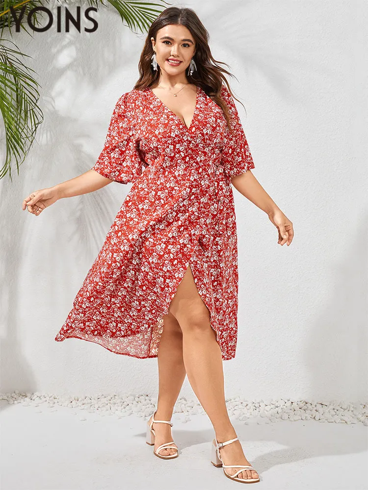 Plus size Dresses YOINS Size Bohemian Floral Print Midi Dress 2023 Summer Women Short Sleeve Party Vestidos V Neck Casual Wrap Slit Long Robe 230410