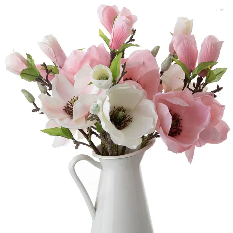 Dekoratif çiçekler 37cm simülasyon manolya çiçek beyaz dekorasyon ev oturma odası yemek masası düğün