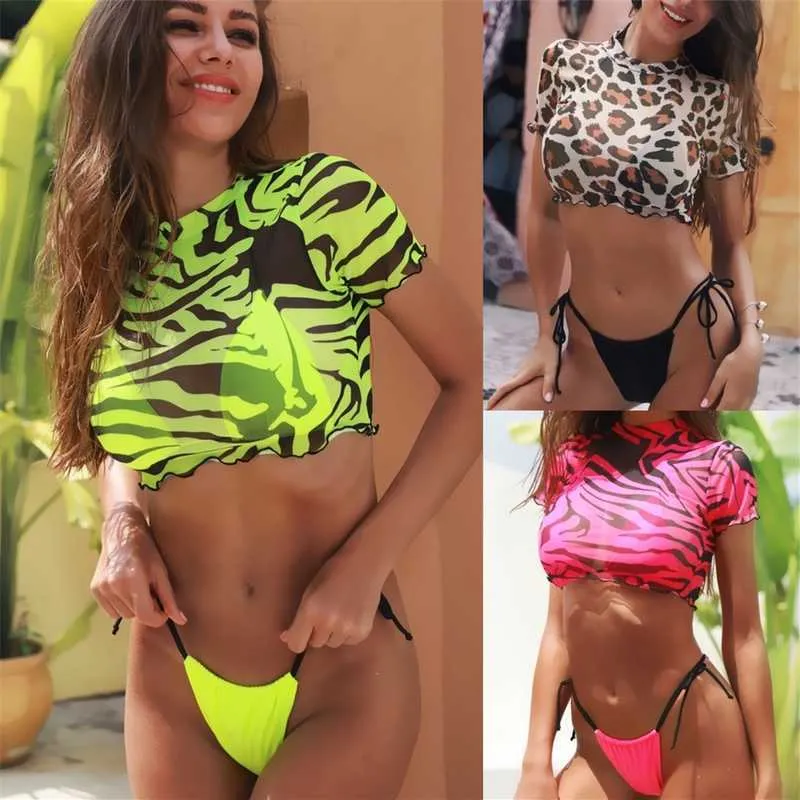 Frauen-Sommer-Strand-Abnutzungs-Bikini-Druck-Split-Badeanzug-reizvolle Halbarm-dreiteilige Bikini-Leopard-Badebekleidungs-Badeanzüge-Damen-Damen