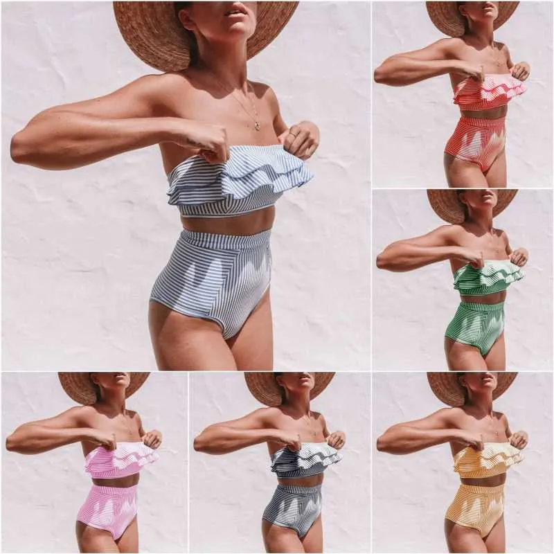 Maillots de bain pour femmes dames Split Bikini maillot de bain rayure irrégulière à volants taille haute 2 pièces Sexy à la mode plage maillots de bain