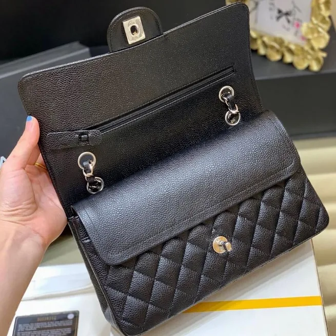 DHgate Real Leather Caviar Lambskin Double Flap Bag Envelope Shape Soft Black 2024 Fashion Tote for Women Bags Luggage Accessories