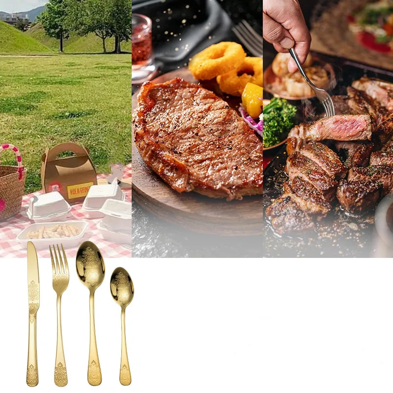 4st/set Luxury Gold Table Seary Set Rostfritt stål Cutlery Set Kniv Cutleries gafflar Kniv Kunnt middagsbröllop Favor Gift Q714