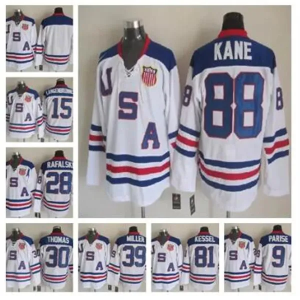 2010 Team USA Hockey Jerseys 9 Zach Parise 88 Patrick Kane 81 Phil Kessel 28 Brian Rafalski 39 Miller 15 Langenbrunner Sticthed Blue White Alternate Vintage