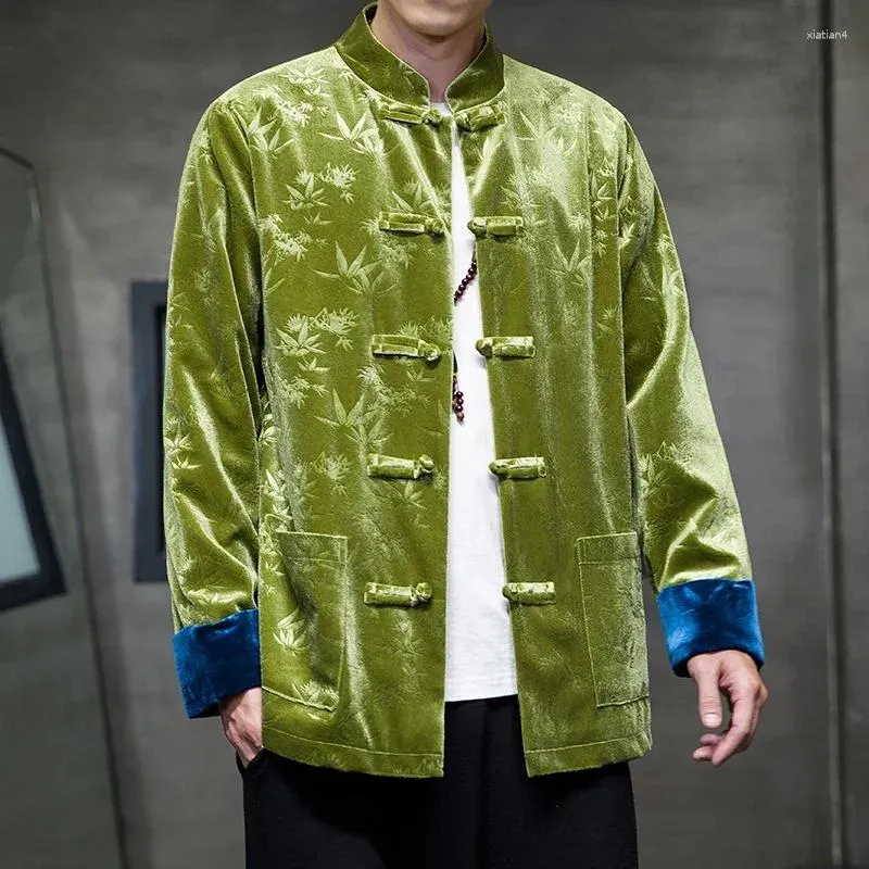Giubbotti da uomo Uomo Autunno Inverno Cinese Tang Suit Stile Filo di scozia Giacca a maniche lunghe in velluto Retro Hanfu Allentato di grandi dimensioni
