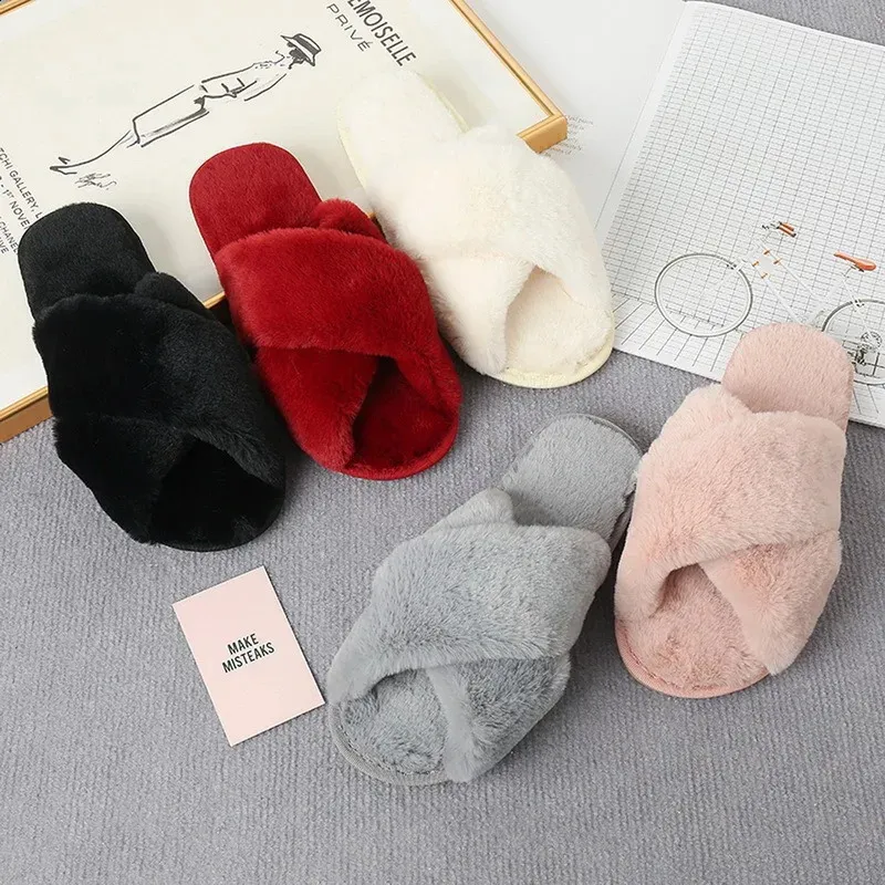 Slippers House Slippers Winter Women Faux Fur Fashion Warm Shoes Woman Slip on Flats Female Slides Black cozy home furry slippers 231109