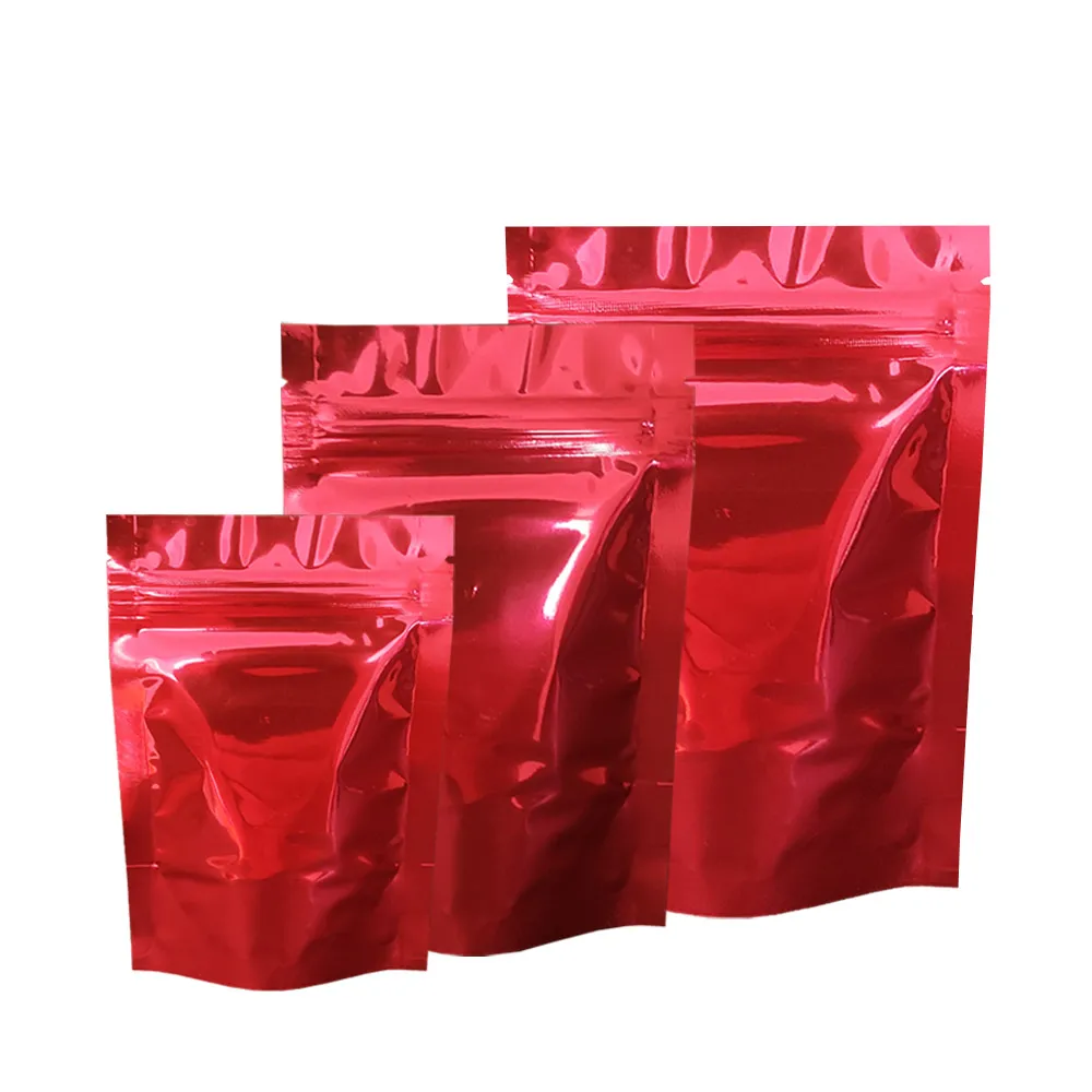 100PCS Self Seal Zip Lock Stand Up Package Bag Red Glossy Aluminum Foil Resealable Doypack Packaging Food Storage Zipper Pouches