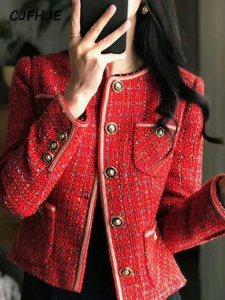Kadın Yün Karışımları Cjfhje Kırmızı Tweed Blazers Kadın Sonbahar Kış Kış Gevşek O yaka tek göğüslü takım elbise ceket kadın Kore tarzı zarif bayan katlar 231109