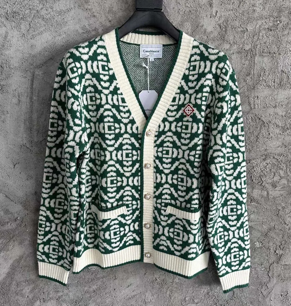 Chandails pour hommes Casablanca Manteau tricoté 23aw Hommes Desigenr Veste en tricot Pull de mode Nouveau Casablanca Chemise Nouveau Vneck Écran Jacquard Manteau Lâche Cardigan Vert s