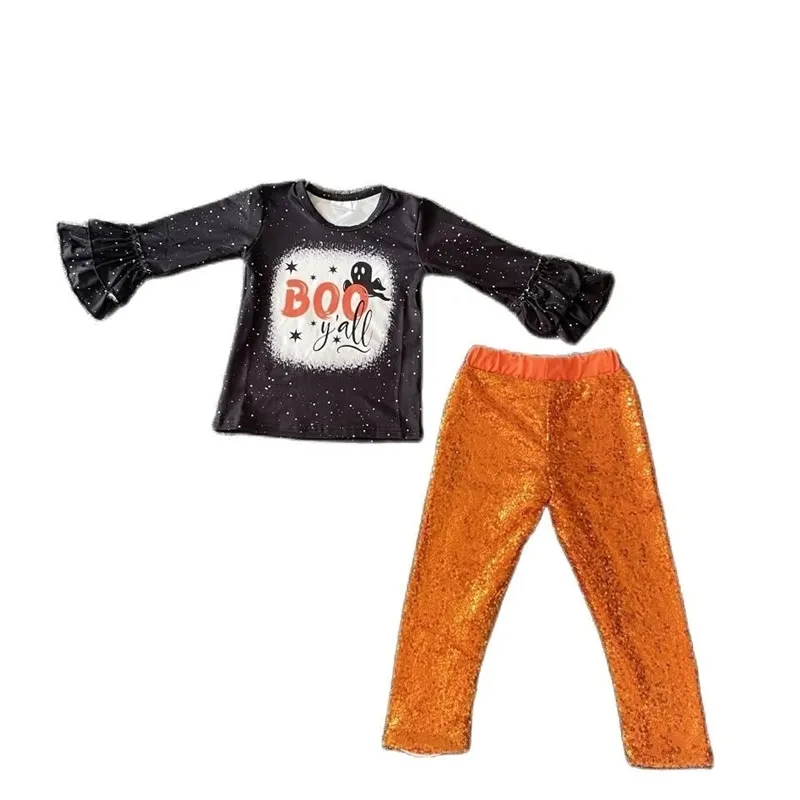 Set di abbigliamento Halloween Paillettes Abbigliamento per bambini Ragazze Pantaloni a zampa d'elefante Set Boutique di moda Ruffle Baby for girls outfit 231109