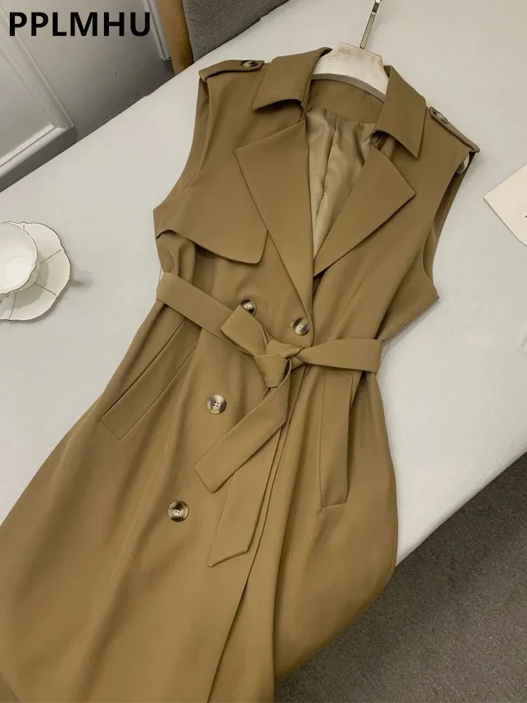 Trench da donna Gilet lunghi Set da 2 pezzi Casual Gabardina doppio petto Senza maniche Giacche Dolcevita Maglione addensato invernale 231110