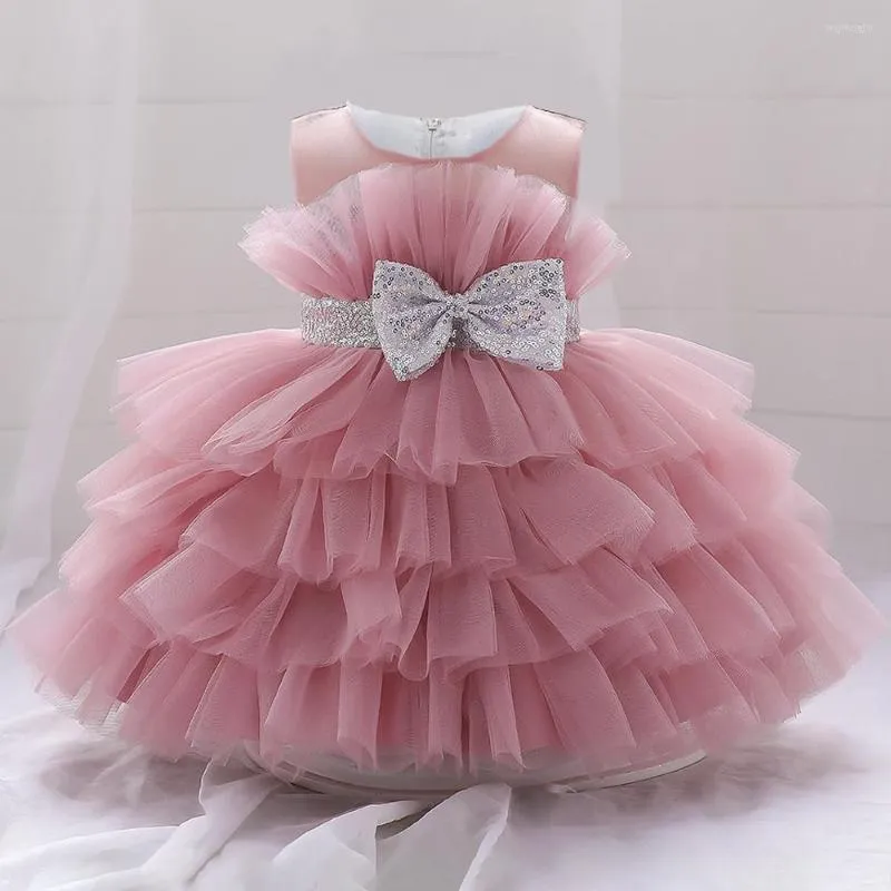 Girl Dresses Toddler Fluffy Pink Wedding Party For Baby 2-5 Yrs Sequin Bow Tulle Baptism Birthday Princess Clothe Lace Summer