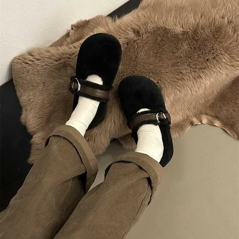 Stivali invernali Casual Versatili Scarpe per capelli di coniglio Nuova Punta tonda Taglio superficiale Piatto Comodo Fagiolo di cotone spesso peluche