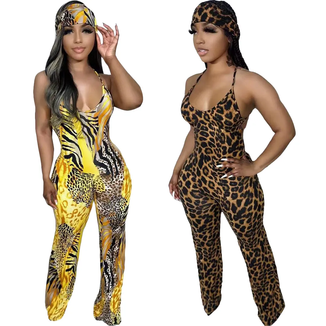 Tute firmate da donna Pagliaccetti 2023 Cute Leopard Print Spaghetti Strap Sweat Tuta intera Primavera Estate Abbigliamento aderente Clubwear con Scraf Marrone Giallo