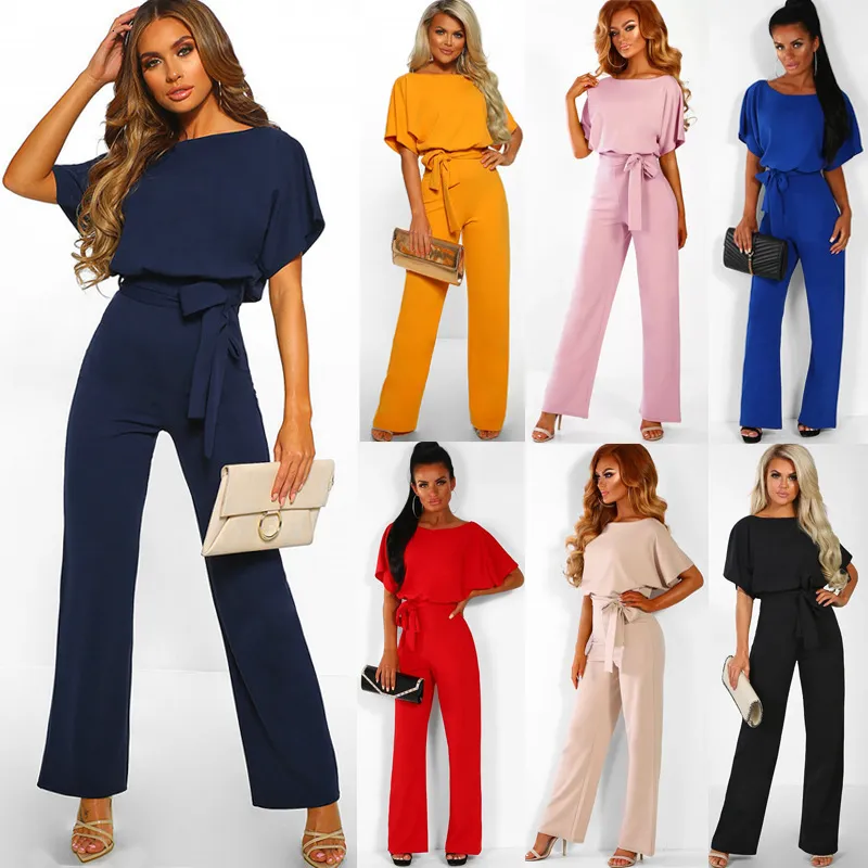 Kobiety Jumpsuits Rompers Kobiet kombinezonu Elegancki krótki rękaw wydrążony talia krawat solidny letni szerokie spodnie nogi bodysibu