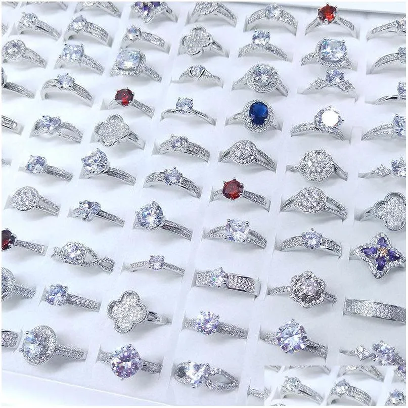 Con piedras laterales Venta al por mayor 50 unids / lote Sier Color Square Zircon Ring Moda Joyería de oro Promesa Anillos de compromiso para mujeres Dhgarden Dhsxr