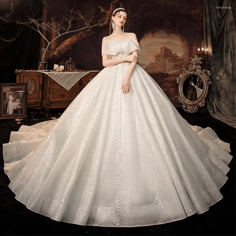 Wedding Dress Off The Shoulder Short Sleeve Lace Up Back Buttons Shiny Ball Gown Online Shopping