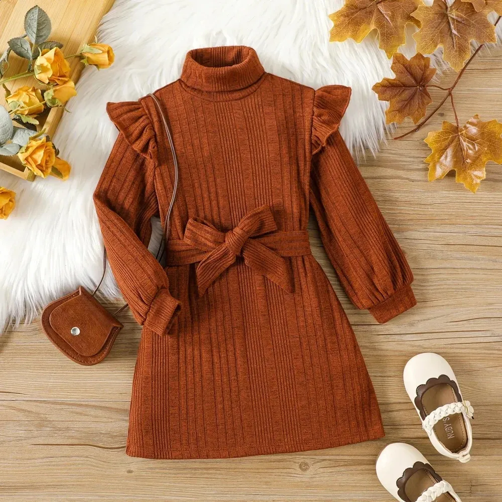 Girl s Dresses Girls Woolen Dress 2023 Children s Autumn Winter High Neck Flying Sleeve Lace up Knitted Long 231109