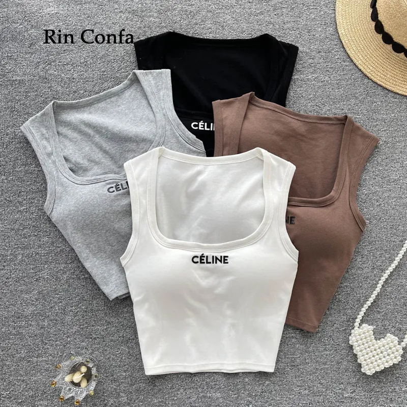 Camisoles Tanks Rin Confa Vintage Embroidery Crop Top Summer Casuary Sexy Sexy Slim Slim Sleeveless Cotton Tank Fashion Streetwear Y2K Tops 230410
