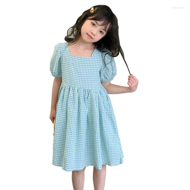 Mädchen Kleider Nette Teen Mädchen Plaid Kleid 2023 Sommer Quadrat Kragen Kurze Puff Sleeve Für Kinder Kleinkind Kinder Baumwolle Sommerkleid 12 16Y