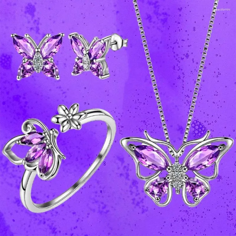 Halskette Ohrringe Set Schmetterling Schmuck für Frauen Schmetterlinge Amethyst Geburtsstein Anhänger Halskette/Ohrringe/Ringe Hochzeit