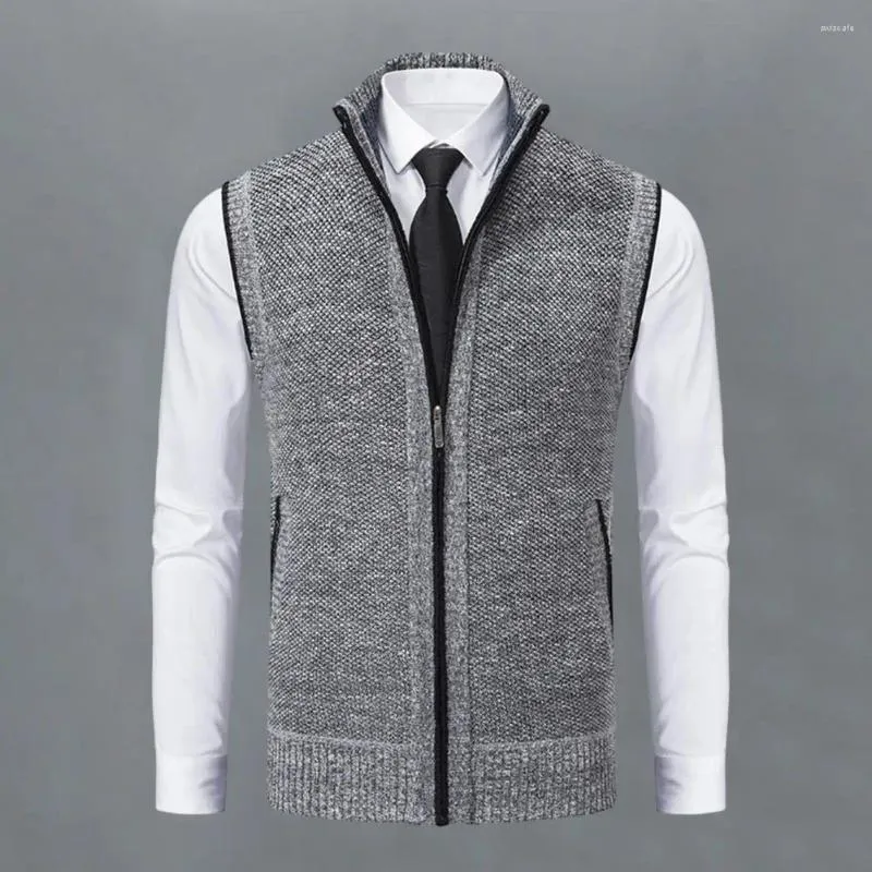 Gilets pour hommes Hommes automne hiver gilet manteau col montant tricoté cardigan zippé protection du cou sans manches chaud décontracté doux mi-longueur veste