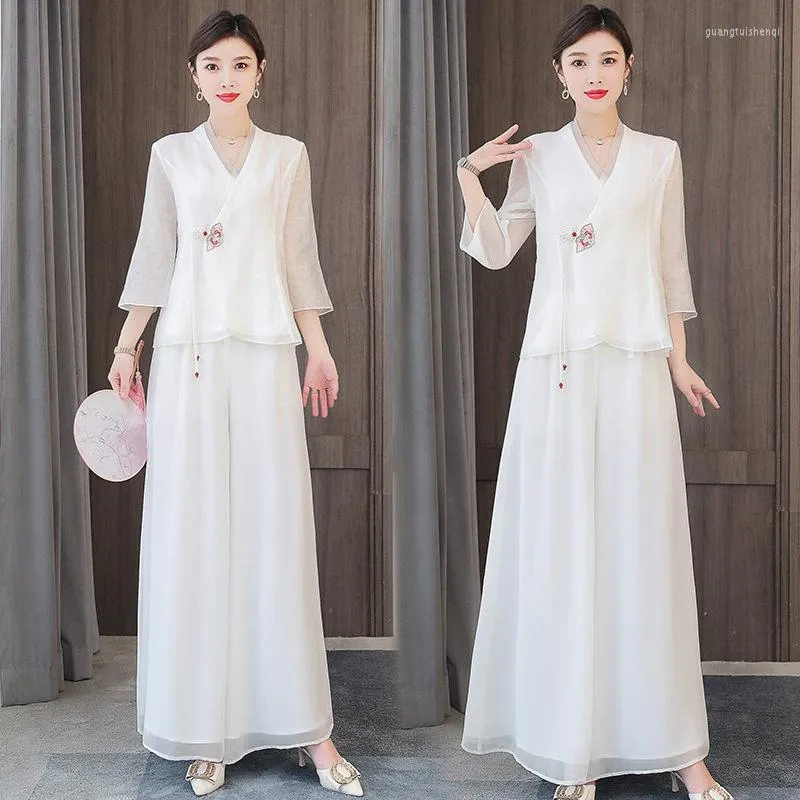 Pantalon de deux pièces pour femmes Blanc Hanfu Set Femme Tang Costume Style chinois Printemps et été Mode Élégant Bouton supérieur brodé Zen