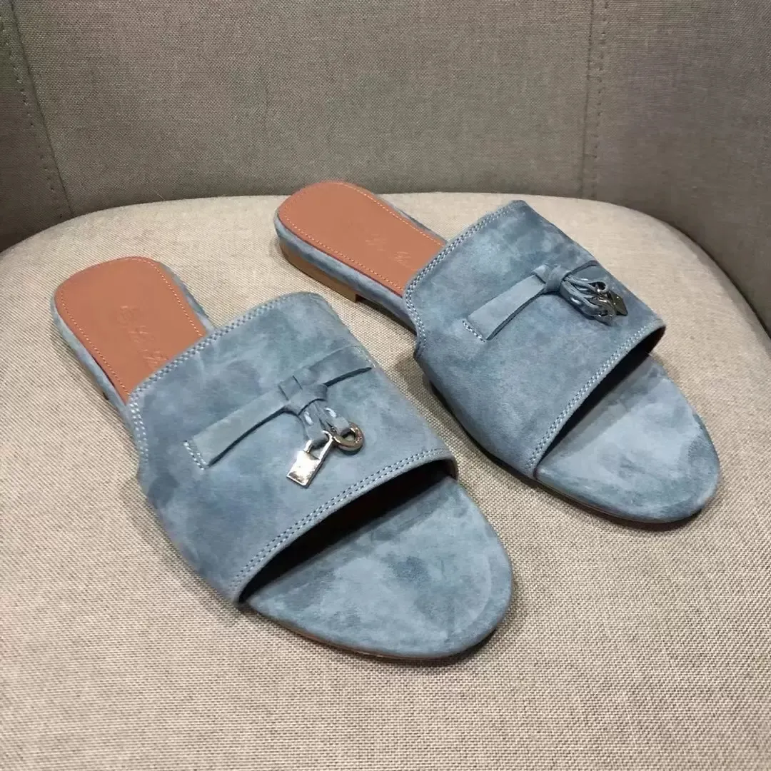 سحر LP Piana Summer Slides Slippericed Soede Slippers Luxe Sandals أحذية أصلية من الجلد المفتوح مفتوحًا شققًا غير رسمية للنساء المصممون المصممون أحذية مصنع