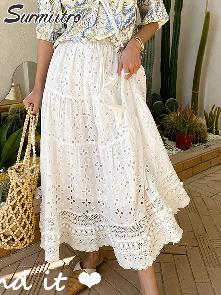 Kjolar Surmiitro Summer Fashion Bohemian White Lace Hollow Long Dress Children's High midje veckade kjol Kvinnor 230410