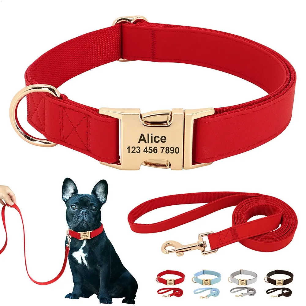 Hundhalsar Löser Personlig läderhundkrage Leash Set Custom Puppy Collar Justerbart husdjurhalsband för små medelstora stora hundar gratis graverade 231110