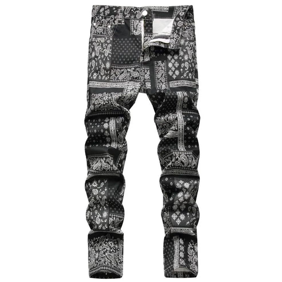メンズジーンズの男性ペイズリーバンダンプリントファッション3Dデジタルペイントストレッチデニムパンツスリムストレートブラックズボン234T