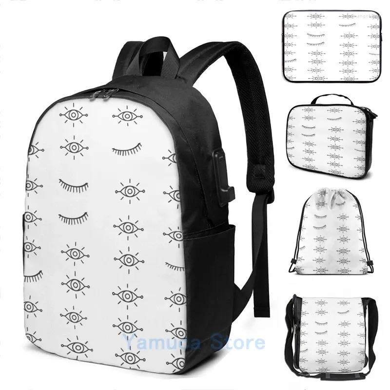 Mochila Engraçado Impressão Gráfica Olhos em Todo o Carga USB Homens Sacos Escolares Mulheres Bolsa Viagem Laptop