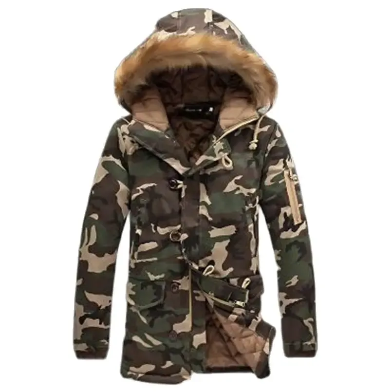 Herren-Winter-Baumwoll-Daunenjacke, warmer, atmungsaktiver Mantel, weicher Kragen, Kapuzenmantel, Herren-Camouflage-Parka, Außenstoff, Polyester-Futter, Acryl, Größe M-3XL