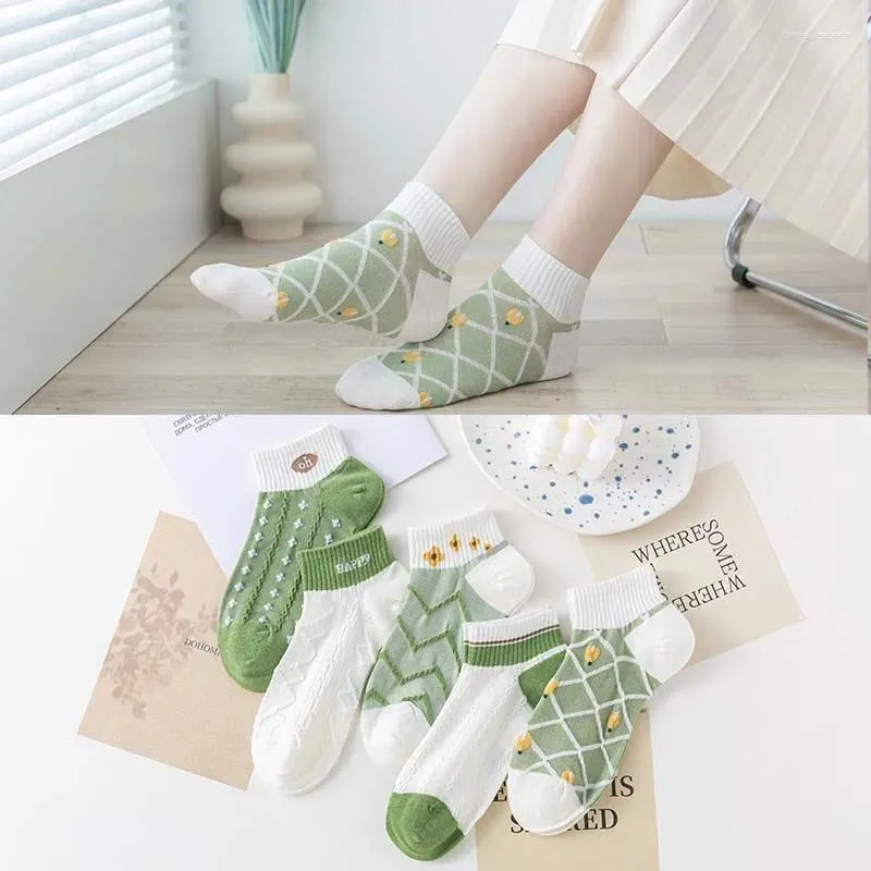 Chaussettes en coton de haute qualité pour femmes, 5 paires, bateau respirant, rayé, motif mignon, Simple, vent Invisible