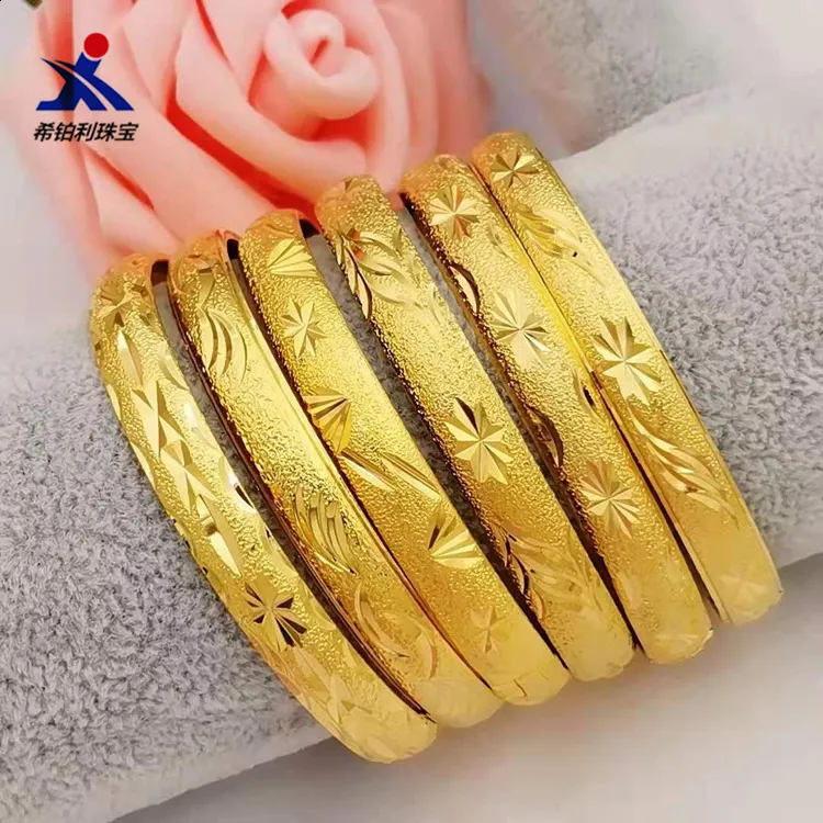 Bangle 8MM 6Pcs/Lot Dubai Gold Bangles for Women Men 24k Color Ethiopian Bracelets African Jewelry Saudi Arabic Wedding Bride Gift 230519