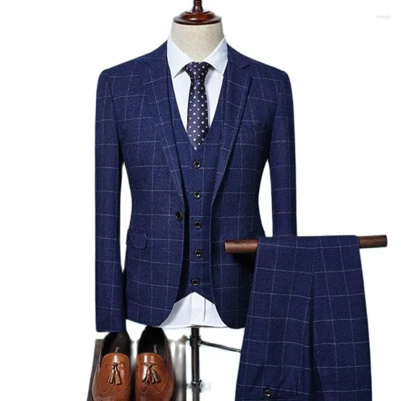 Men's Suits 2023 Tweed Men Plaid Terno Wedding Suit One Buttons Groom Tuxedos Wool Blazers Jacket Pants Vest 3 Pcs Set Waistcoat Trousers