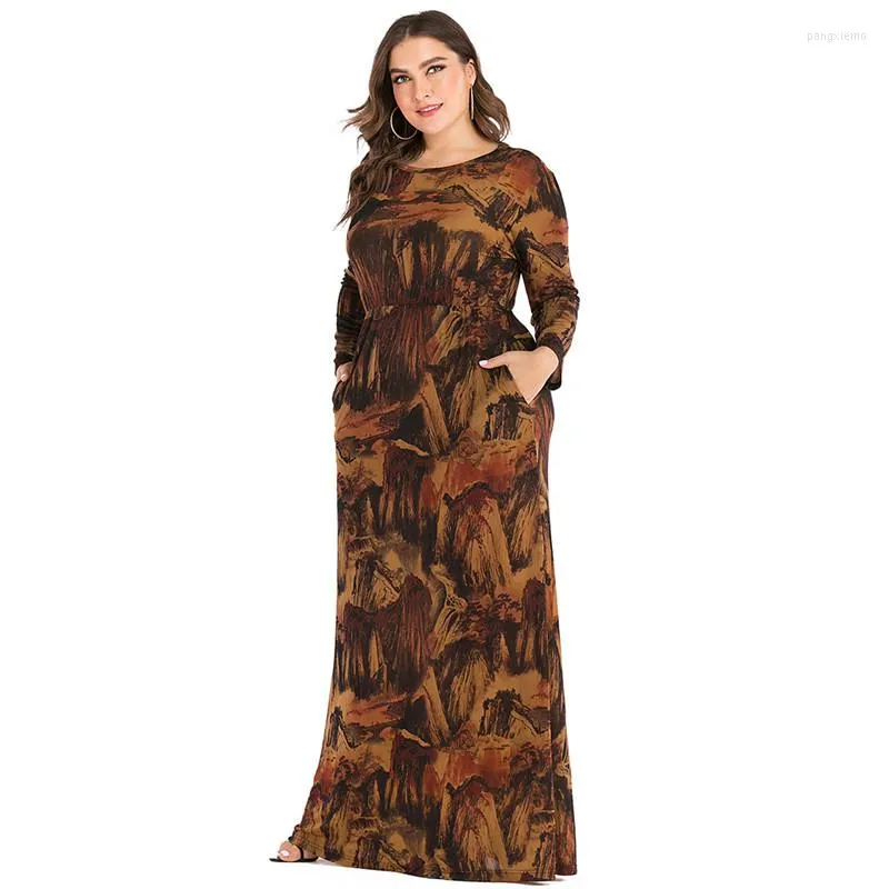 Abbigliamento etnico Abito stampato da donna Taglie forti Design tascabile a maniche lunghe Abaya Ramadan EID Kaftan Robe Marocchino Dubai Abito giudaico islamico