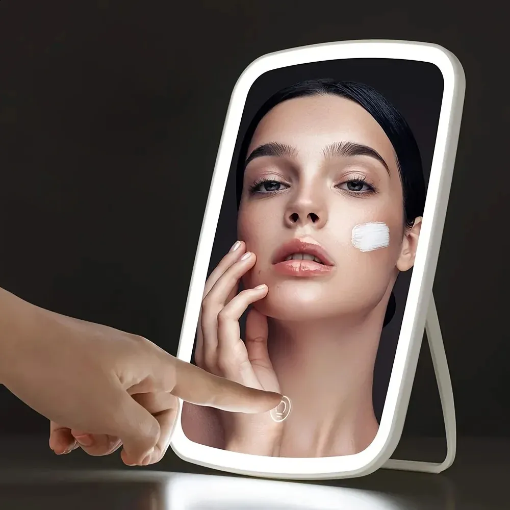 Compact Mirrors Makeup Mirror Touch Screen Vanity Mirror with LED 3 Colors Light USB Rechargeable Touch Screen Cosmetic Mirror Tools For Travel 231109