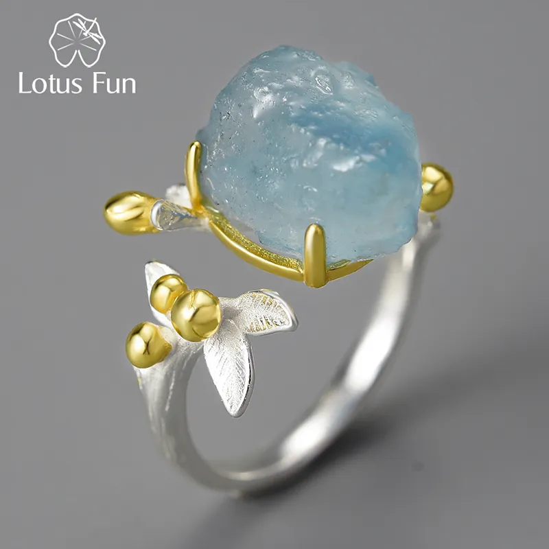 Com pedras laterais Lotus Fun 18K Gold Natural Aquamarine Gemstone Flor Ajuste Ajuste para mulheres Real 925 Sterling Silver Fine Luxury Jóias 230410