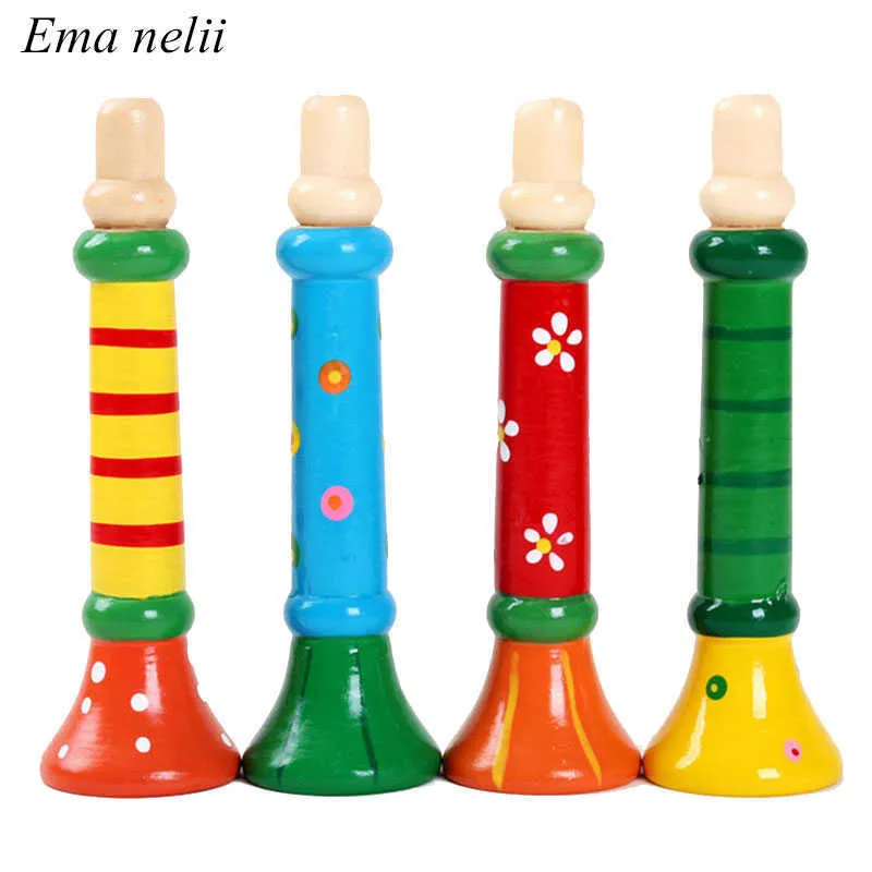 Trummor Percussion Hot Baby Wood Liten Horn Whistle Music Instrument Toys Kids Färgglada intellektuell utvecklingsvokal leksak för barn gåva