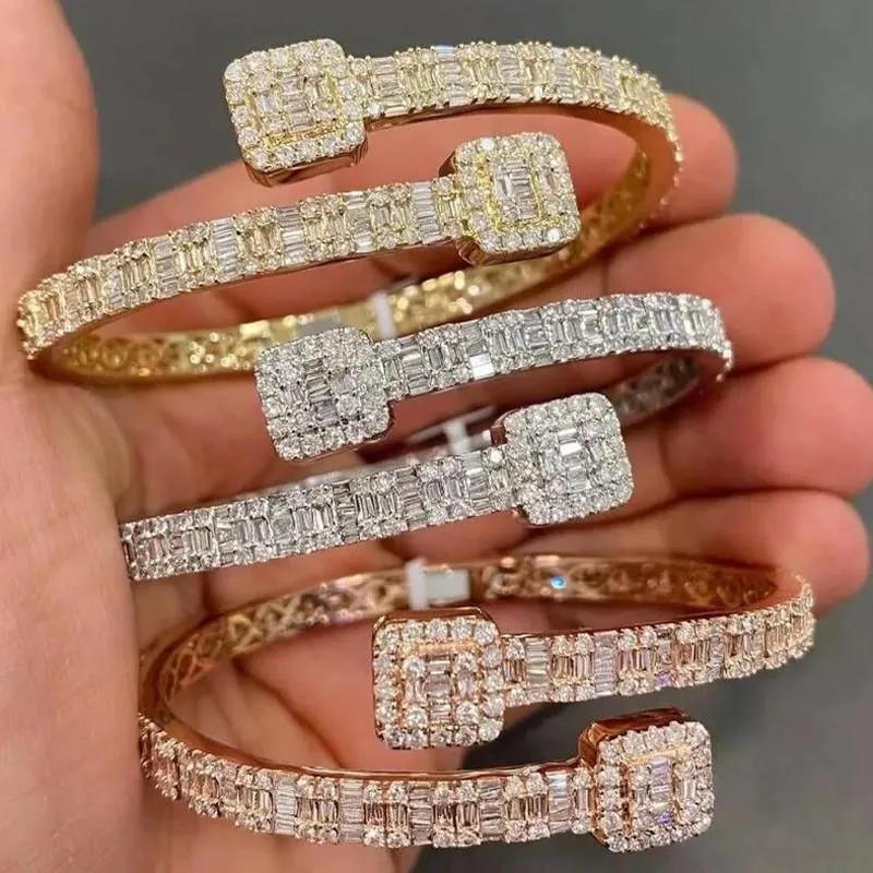 Delicada Baguette CZ Forma de Coração Ajustável Cuff Bangle Pulseira Iced Out Bling 5A Zircônia Cúbica Luxo MULHERES Hiphop Jóias